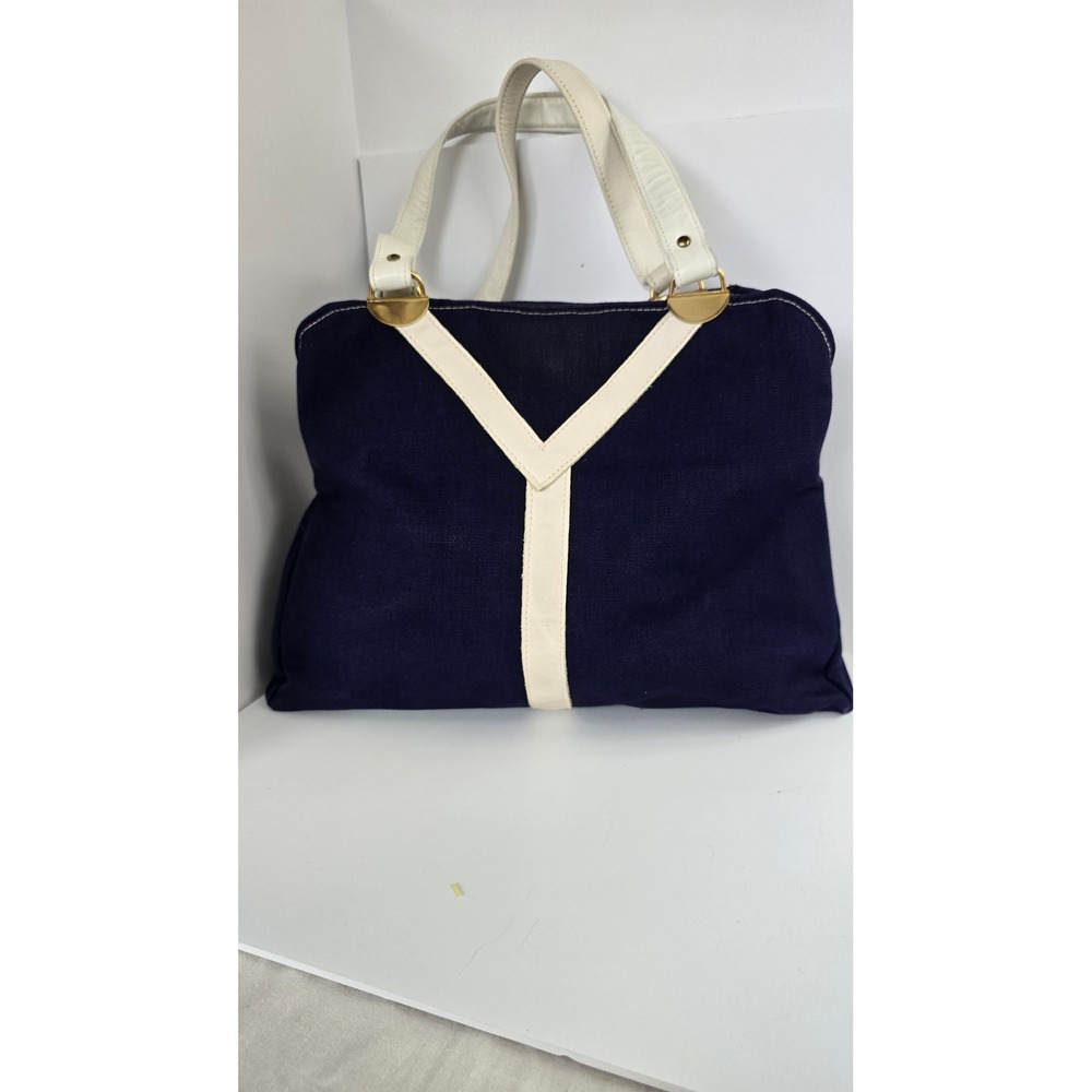 Vintage Navy Blue Canvas Tote Bag with White Leather Y Trim Gold Hardware
